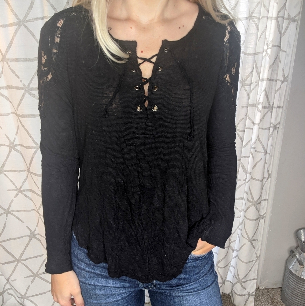 Free People Black Long Sleeve Lace Detail